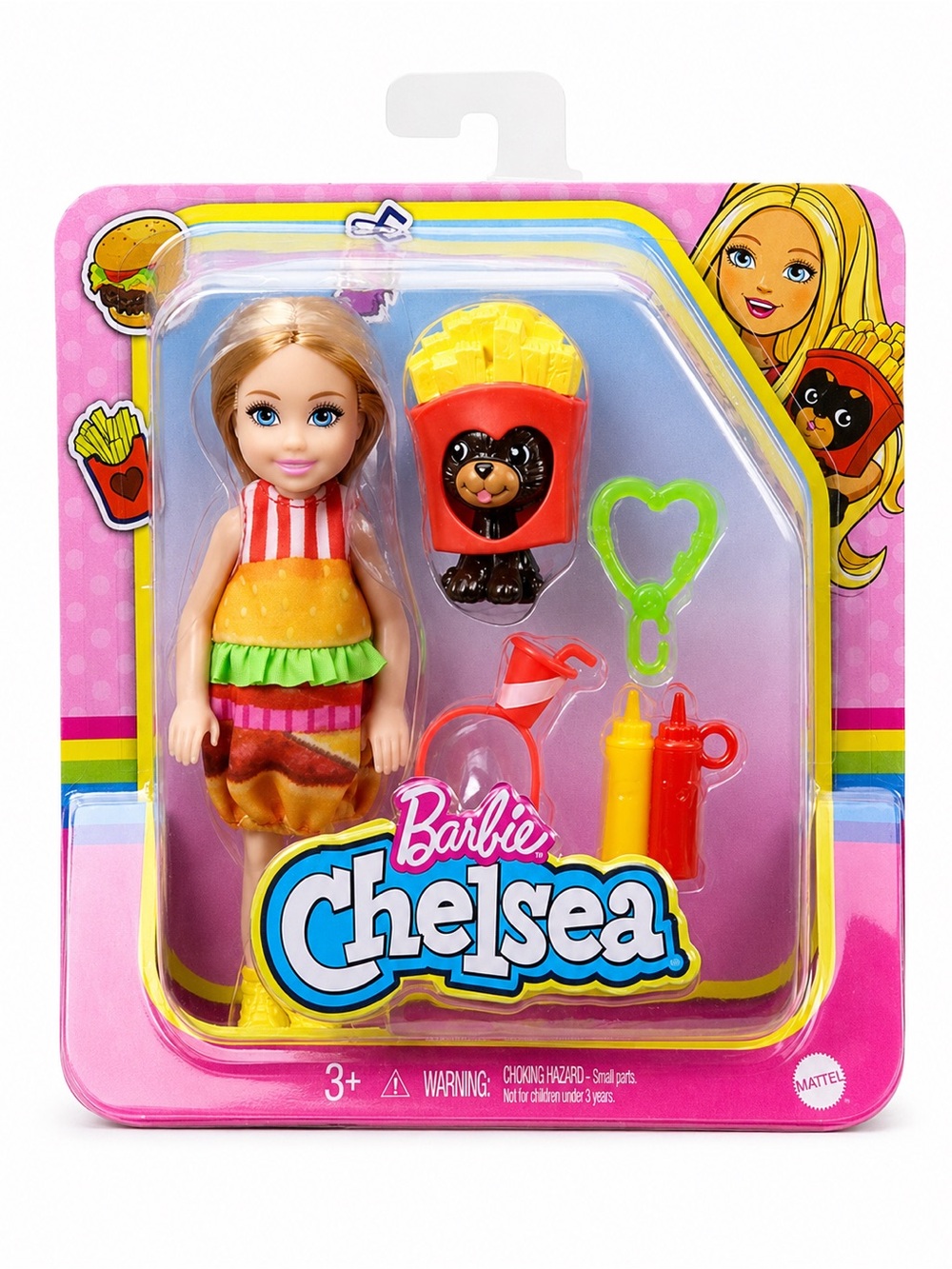 NEW Barbie Chelsea Burger Dress Doll Playset Mattel Food Theme Accessories